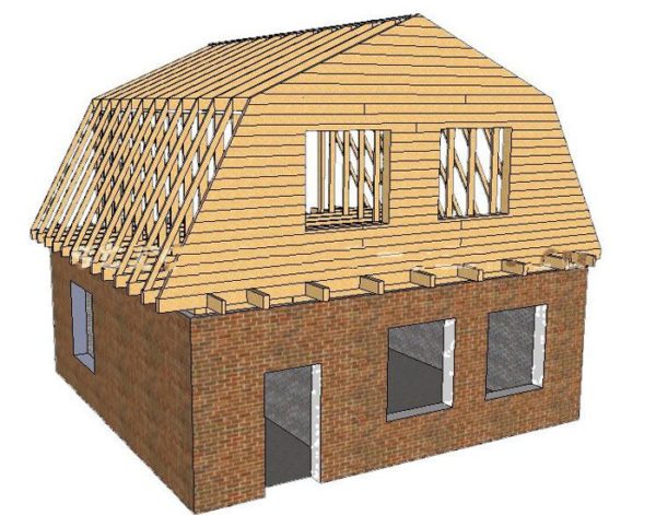 Наклоненият покрив ви позволява да поставите жилищна площ на тавана.