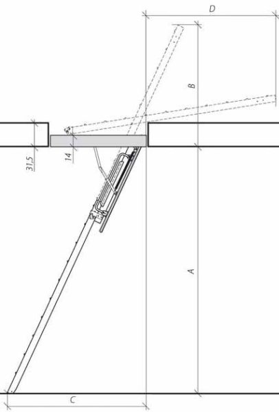 Penetasan loteng dengan tangga tertakluk kepada geometri yang ketat - semua dimensi mesti disahkan dengan ketat dan sepadan antara satu sama lain (lihat penerangan dalam teks)