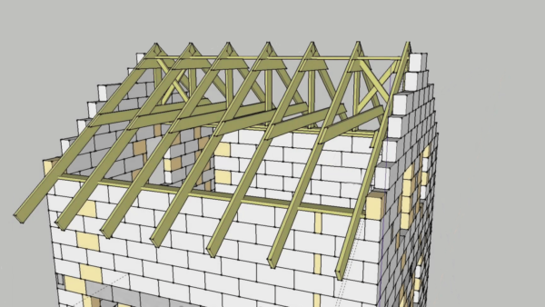 Схемата, която ще използваме за изграждане на покрив с два прости наклонени склона и следователно няма да е трудно да се справим с тяхната конструкция